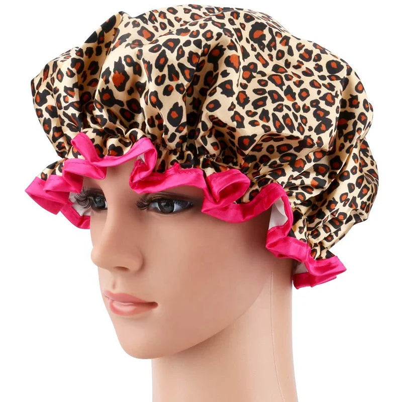 Wholesale Printed Satin Double Layer Waterproof Shower Cap Reusable Bathing Cap for Female