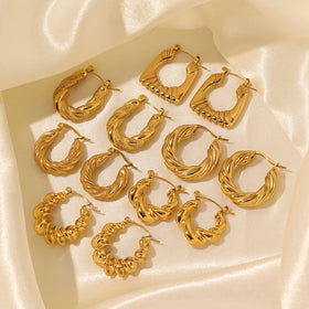 High Quality Waterproof Twisted Stud Earrings Non Tarnish Solid Stainless Steel Gold Plated Large Chunky Hoop Earrings for Girls