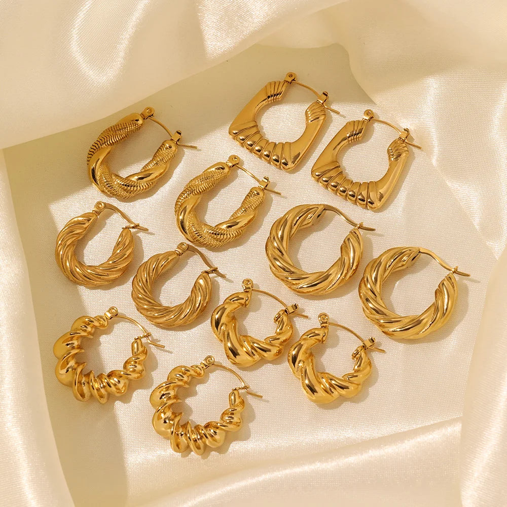 High Quality Waterproof Twisted Stud Earrings Non Tarnish Solid Stainless Steel Gold Plated Large Chunky Hoop Earrings for Girls