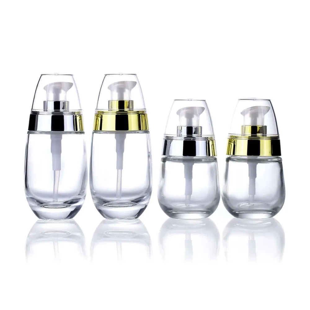 Cosmetic Luxury Skincare Glass Bottle 30ml 50ml Empty Glass Pump Bottle with Golden Silver Edge