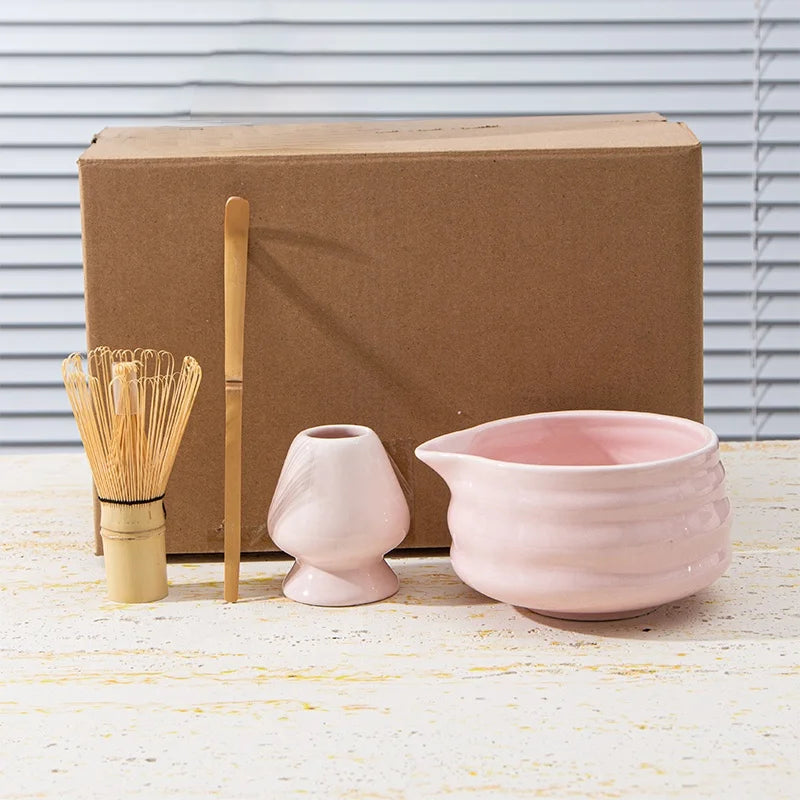 RTS 4 Pieces Wholesale Matcha Tea Bowl Whisk Kit Gift Box Packaging White pink Ceramic Matcha Set