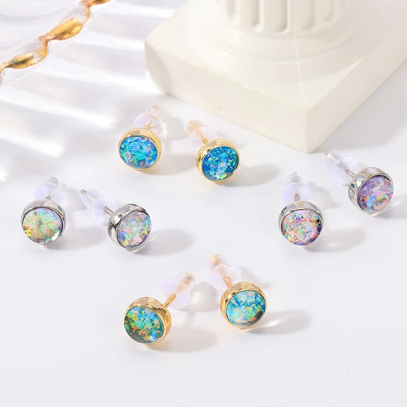 HOVANCI New Trendy Round Bezel Opal Stone Stud Earrings Ore Star Jewelry Women Small Stud Earrings