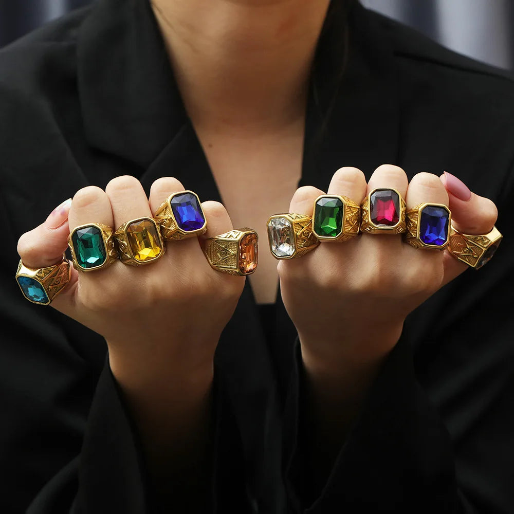 2023 New Fashion 18k Gold Plated Ring Stainless Steel Ring Light Luxury Multi-color Gemstone Ring for Women Girls