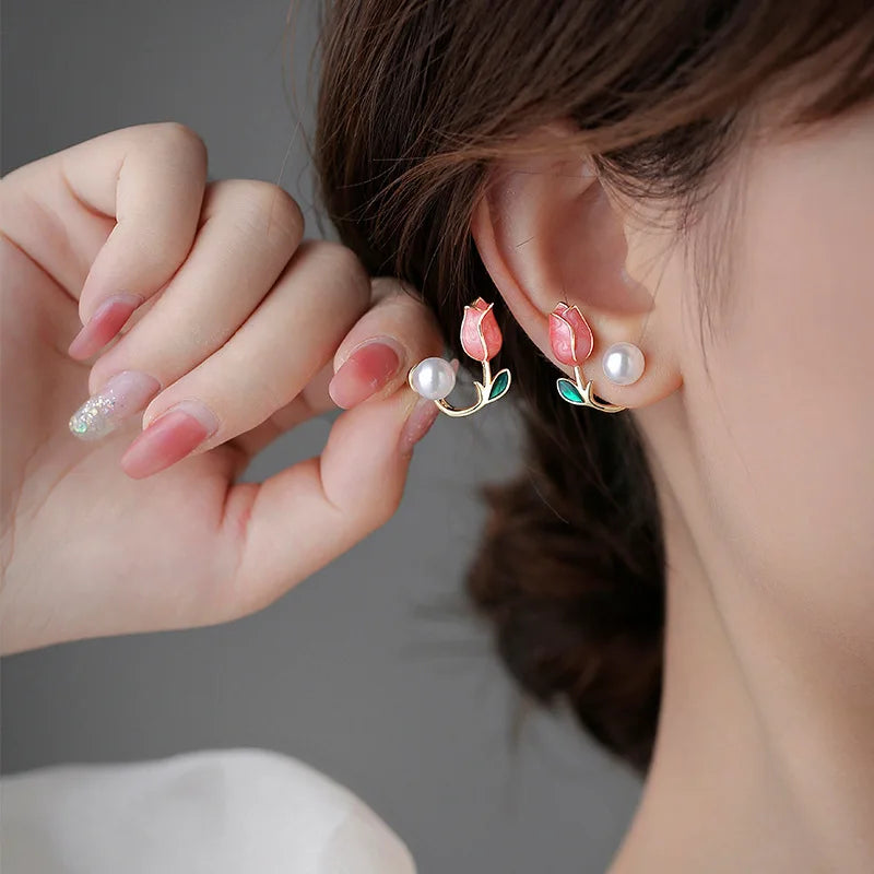 Wholesale Elegant S925 Silver Needle Earrings Enamel Stud Earrings Pearl Tulip Earring for Women