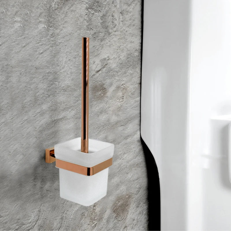 Homedec Modern Eco-Friendly Stainless Steel Wall-Mounted Square Toilet Brush Holder Polished Rose Gold Finish Glass Cup Bathroom