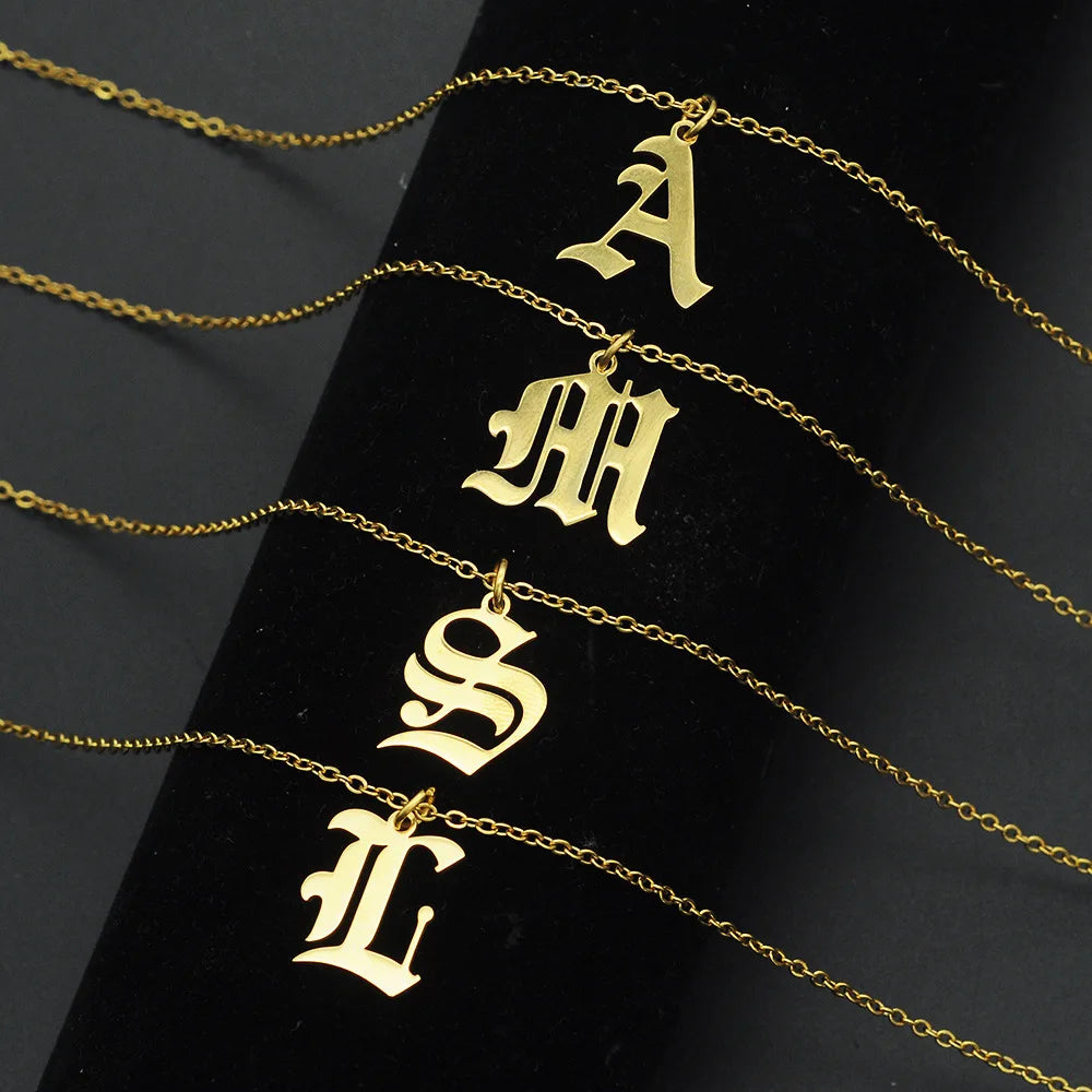 Tarnish Free Stainless Steel Gold Plated Jewelry Initial Letter Necklace A-Z Alphabet Gothic Old English Necklace
