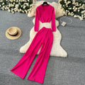 Fashion Sweater Set Women's Loose Casual Retro Lapel Short Long-sleeved Sweater Women's High-waisted Wide-leg Pants