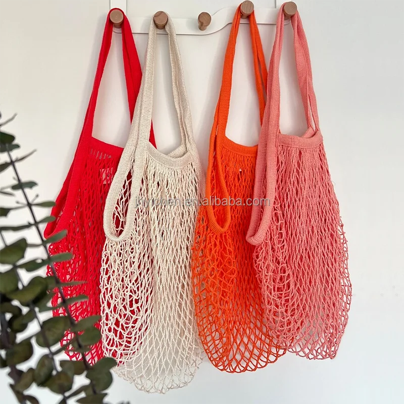 Wholesale Factory Custom Logo Reusable Cotton Mesh Drawstring Net Shopping Bag Recyclable Mesh Tote Bag for Beach Trips