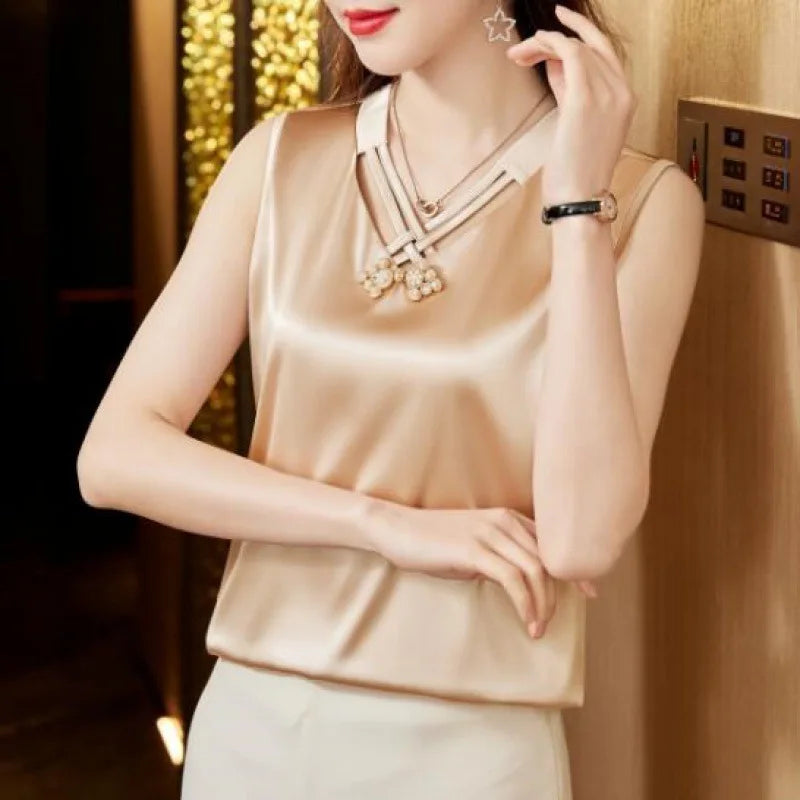 Women Blouses Summer Fashion Elegant Solid V-neck Pearl Satin Tops Woman Elastic Lace Shirts Loose Blusas
