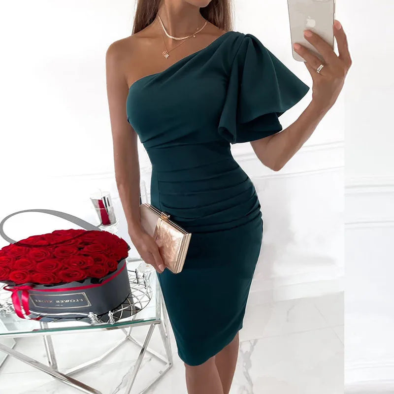 OEM ODM Logo Party Singer Club Sexy Slanted Shoulder One Step Skirt Stretch Bodycon Dress Elegant Formal Evening Dress