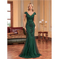 Elegant Embroidery V Neck Sequin Evening Dress Lace Mermaid Train Prom Dresses