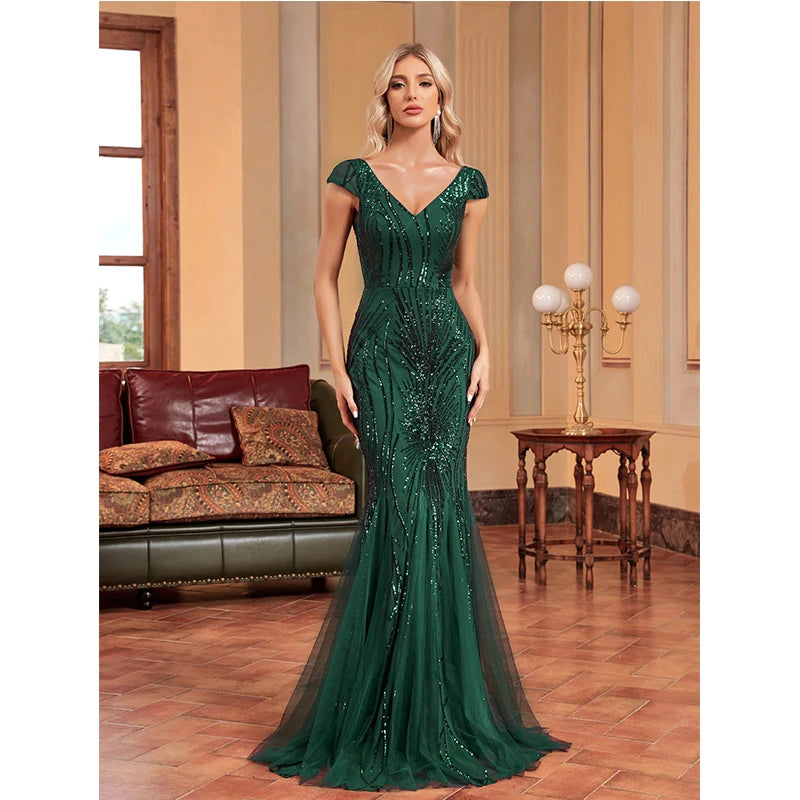 Elegant Embroidery V Neck Sequin Evening Dress Lace Mermaid Train Prom Dresses