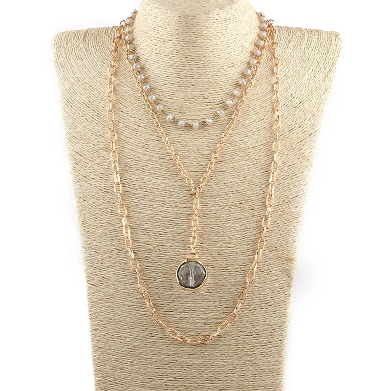 Punk Jewelry 3 Layer Gold Link Chain Necklace 6mm Crystal Glass Bead Big Round Crystal Ball Pendant Necklace