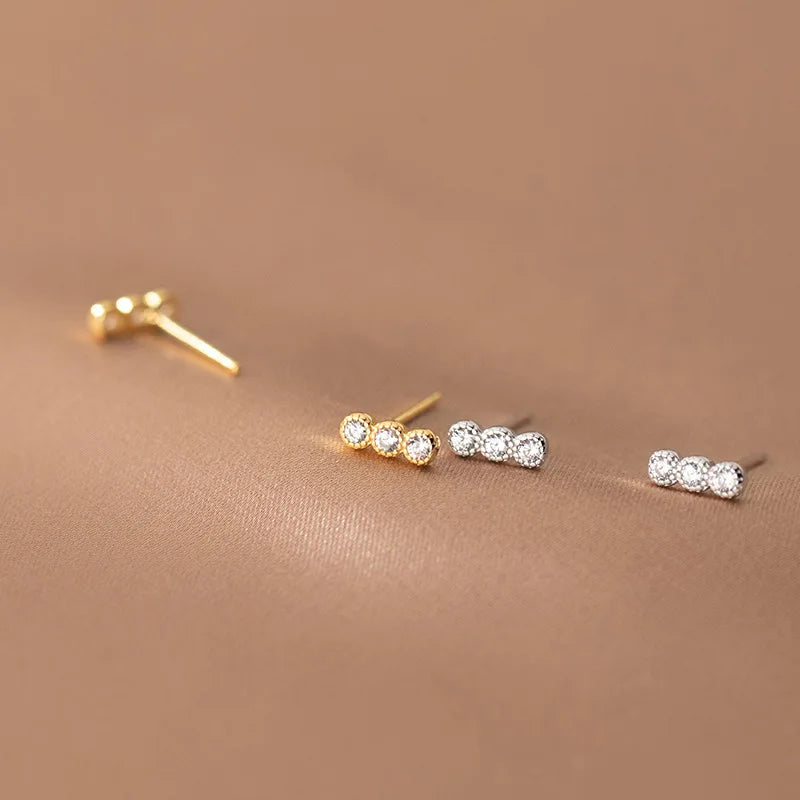 Fashion 925 Sterling Silver Small Earrings Stick Shaped a Row of Diamond Round Zircon Gold Plated Stud Earrings Women