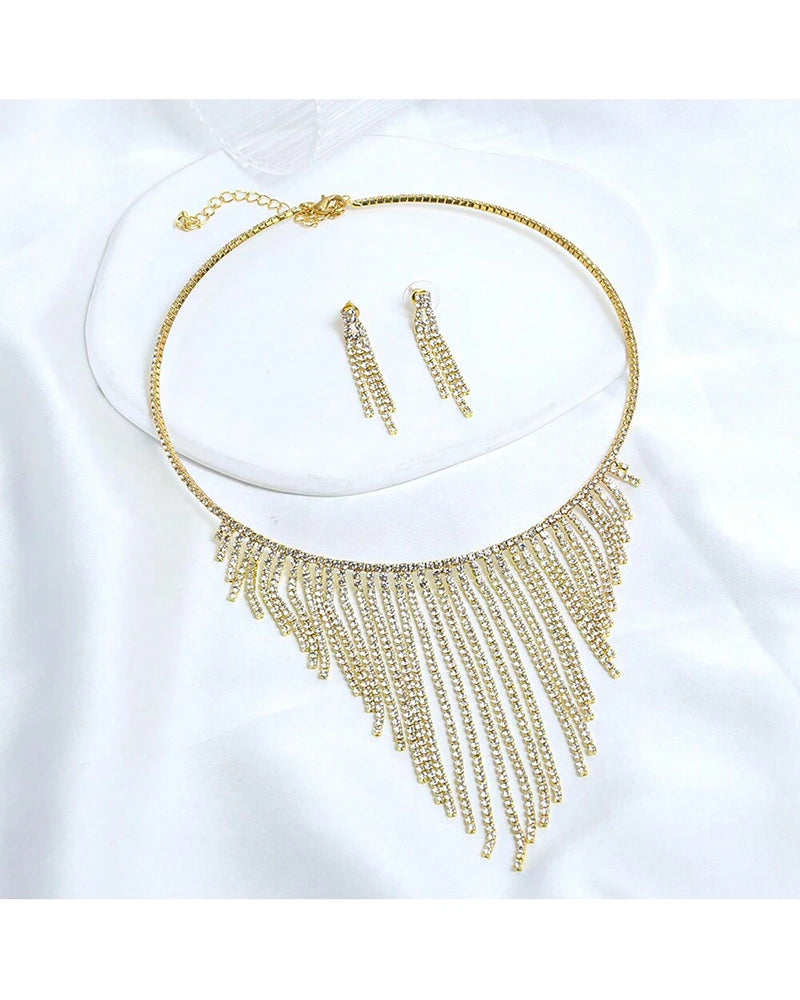 Women Welding Luxurious  Rhinestone Chain Tassel Collar Choker Tennis Jewelry Bridal Wedding Dresses Necklace Earring Set