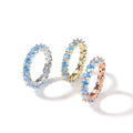 Women's Fashion Tennis Chain Eternity Band Ring Natural Blue Sapphire Aquamarine 18K Gold Plating Inlaid CZ Stones Popular Style