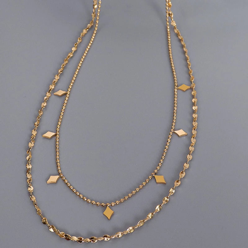 Wholesale Layered Stainless Steel 18K Gold Plating Diamond Shaped Charms Clavicle Chain Necklace