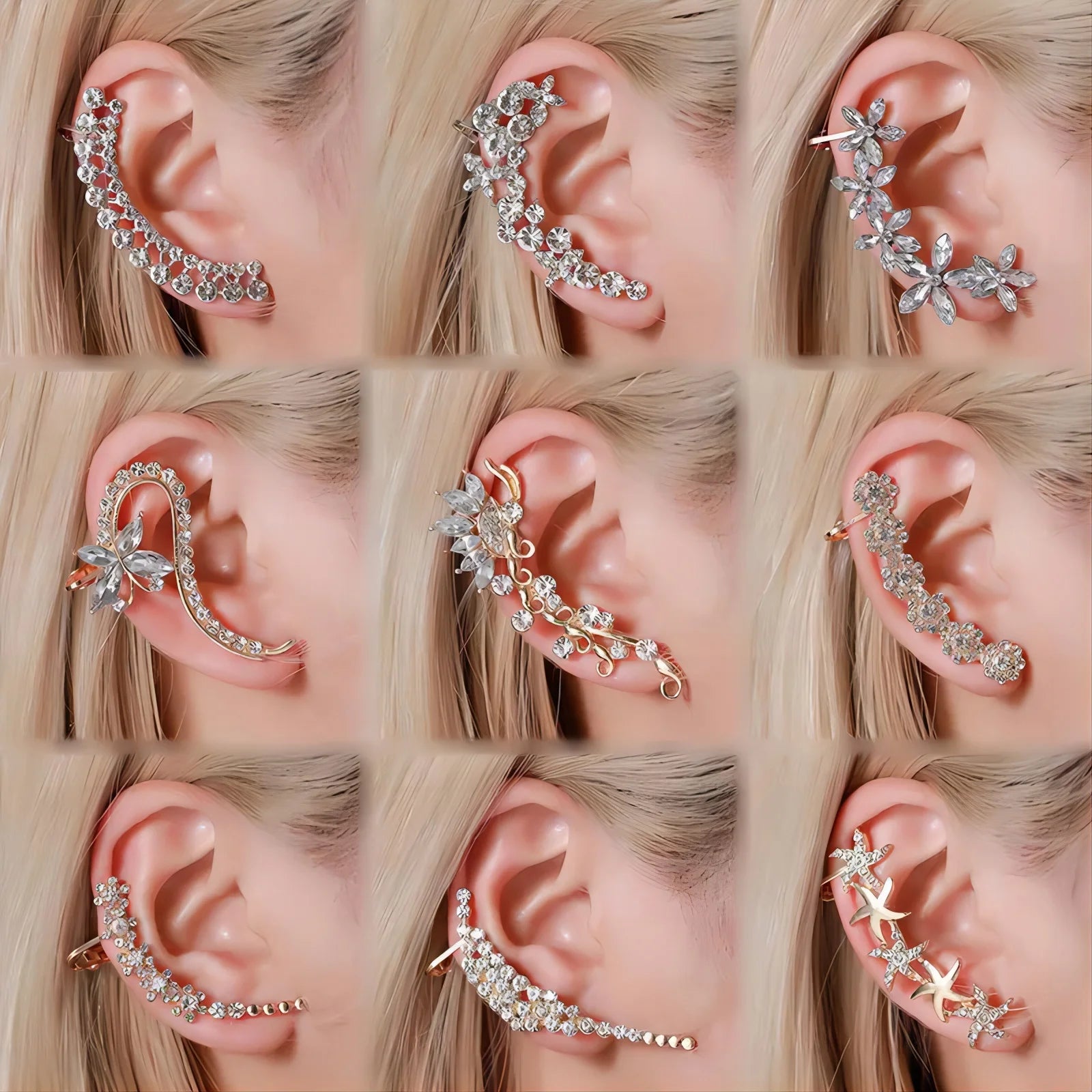 Fashion Crystal Earrings Clip Alloy Zircon Butterfly Flower Geometric Starfish Gold Earrings Clip Jewelry Accessories Gifts