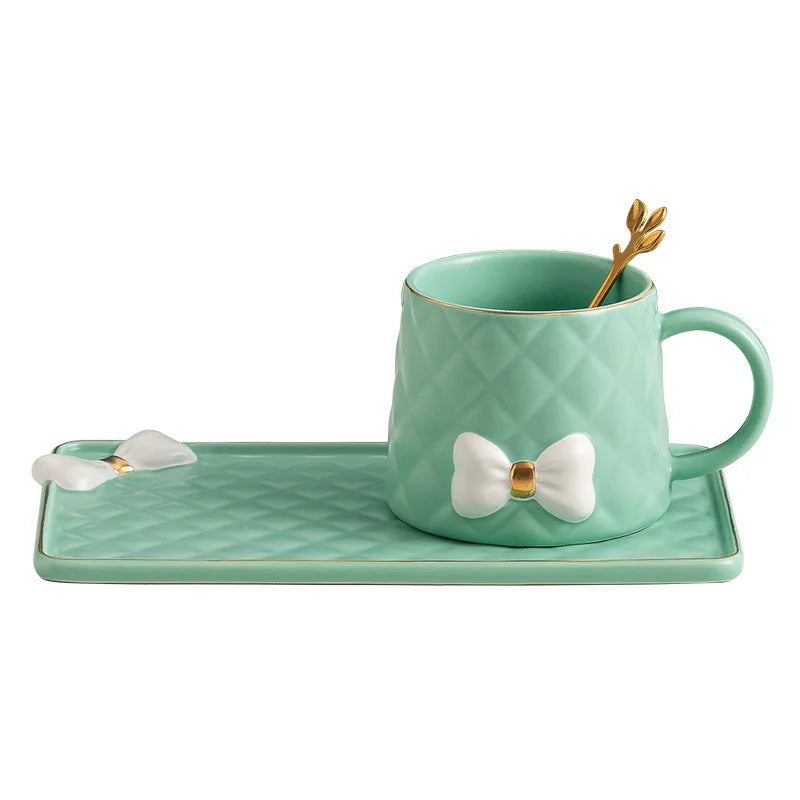 Modern Luxury Bow Ceramic Cup and Saucer Coffee Cup with Dessert Tray Afternoon Tea Set Gift