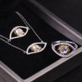 Abiding Vintage Lucky Turkish Devil Eye Natural Milky Blue Moonstone Necklace Bracelet Ring 3 Pieces Jewelry Set in 925 Silver