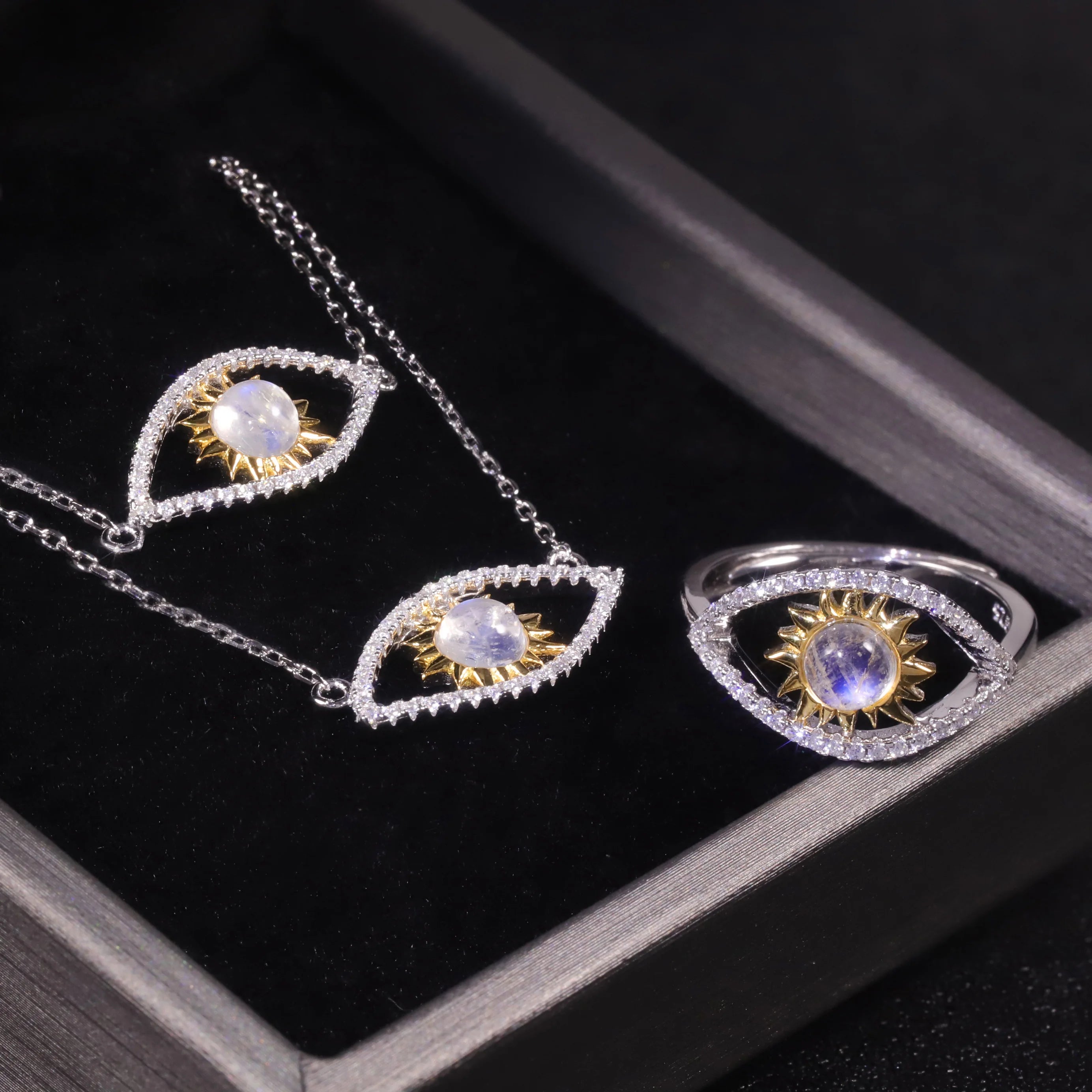 Abiding Vintage Lucky Turkish Devil Eye Natural Milky Blue Moonstone Necklace Bracelet Ring 3 Pieces Jewelry Set in 925 Silver