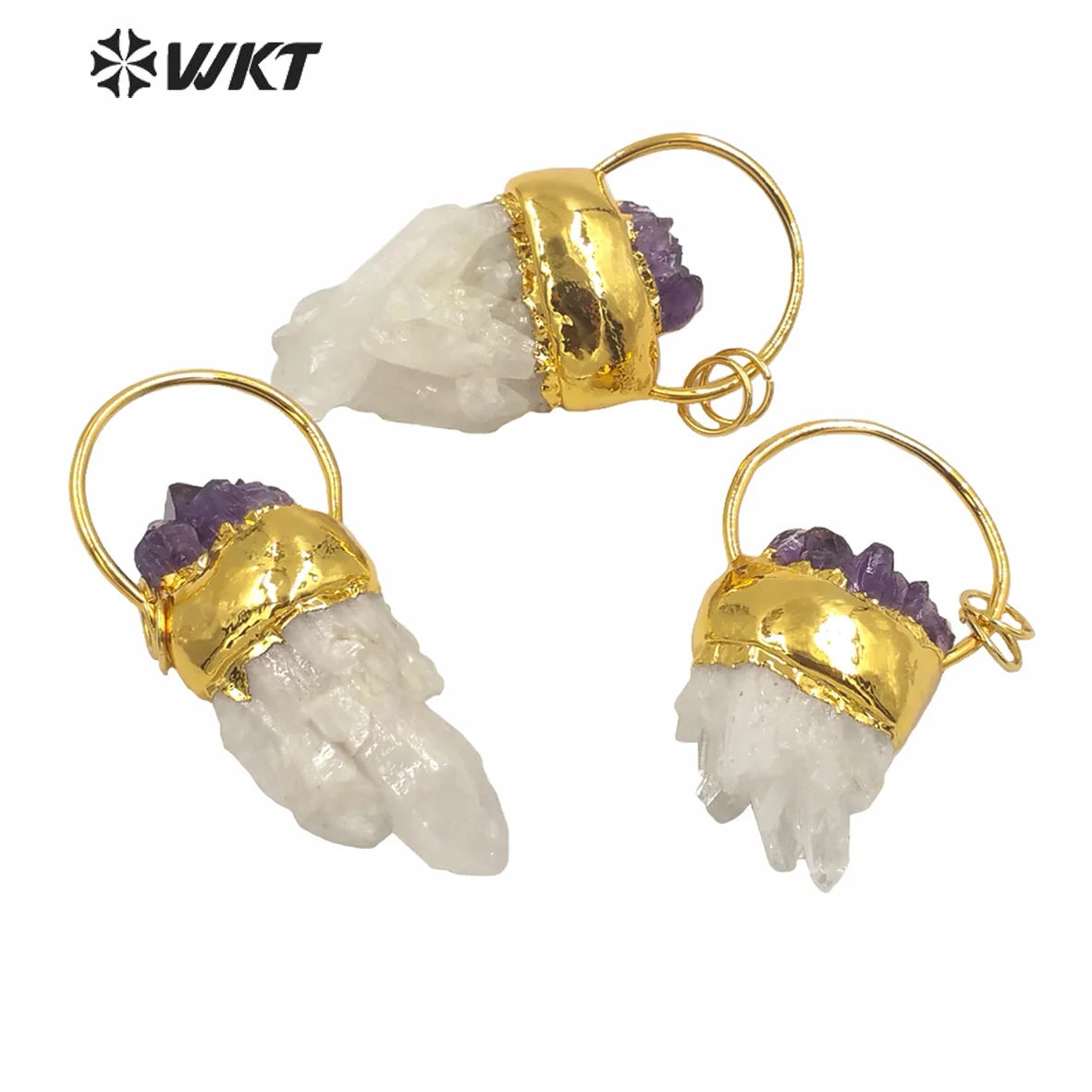 WT-P1582 Wholesale Gold Electroplated White Cluster Quartz Point Pendant Lady Fashion Natural Druzy Quartz Point Pendant