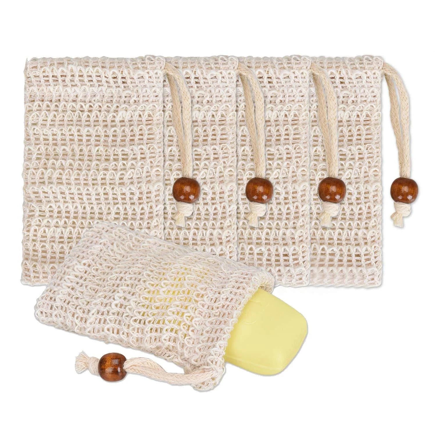 Natural Sisal Eco-friendly Soap Exfoliating Bag with Custom Logo Double Layer Foam and Drawstring for Body Shower