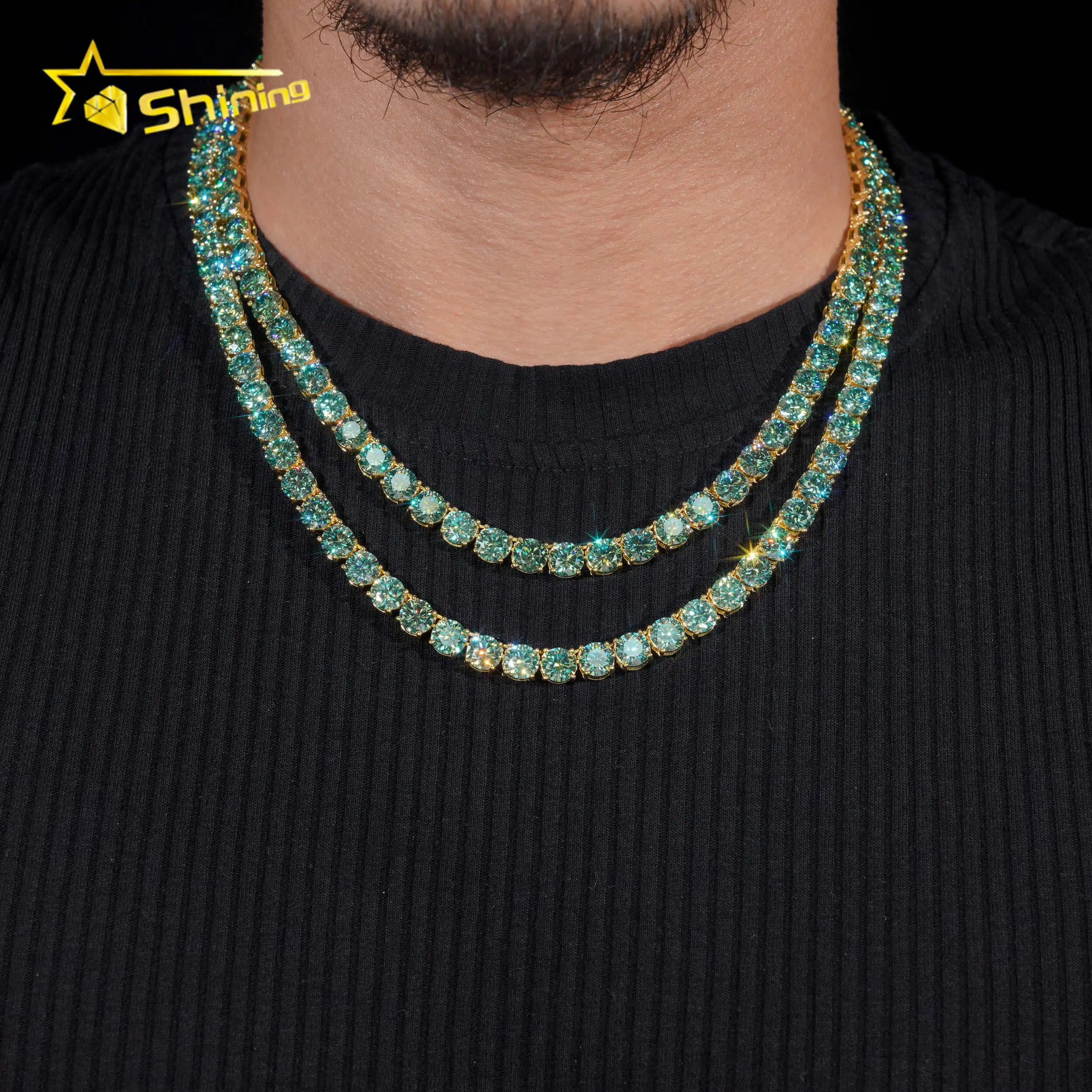 Fine Jewelry VVS Moissanite Tennis Necklace Gold Plated 925 Silver 2MM to 5MM Iced Out Blue Green Color Moissanie Tennis Chain