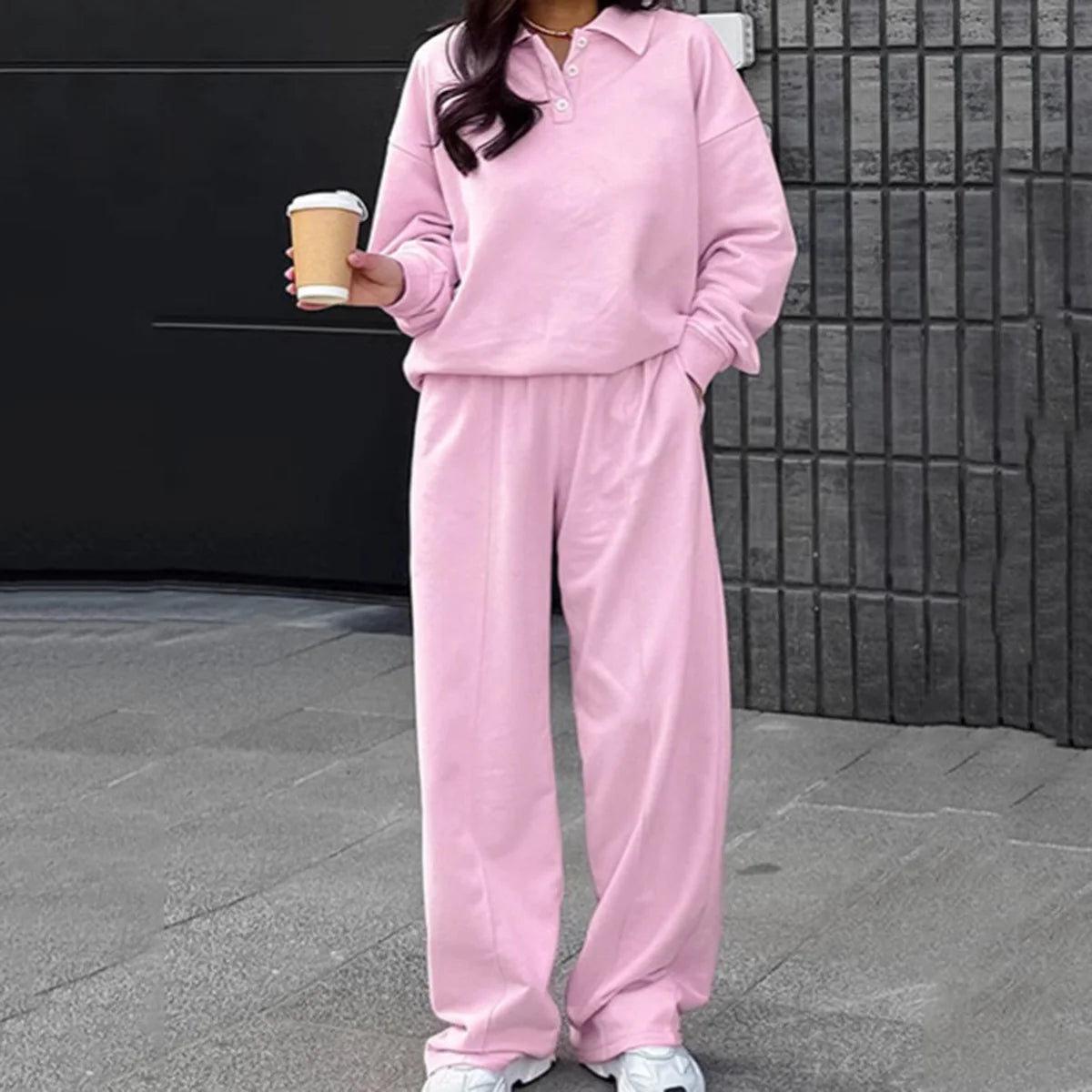 Enyami Fashion Casual Thick Hoodie Pullover Winter Sport Fine Open Women Turn Down Collar Sweatshirt 2 Piece Set With Pockets
