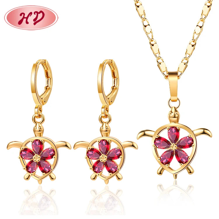 Joyas Gifts Best Seller 18k Gold Plated Cubic Zirconia Cute Animals Fine Turtle Jewelry Set of Earrings and Necklace