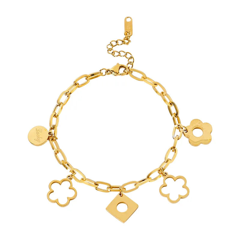 Trendy Stainless Steel Gold Plated Adjustable Length Bracelet with Flower Charm for Women Nickel Free for Gift Anniversary Party