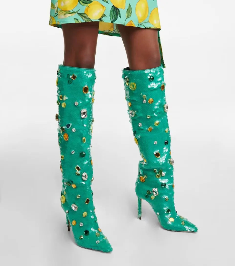 BUSY GIRL Women Boots High Heels Knee High Luxury Fashion Diamond Sequin Cloth Stiletto Autumn Winter Ladies Girl Shoes HXMY4081