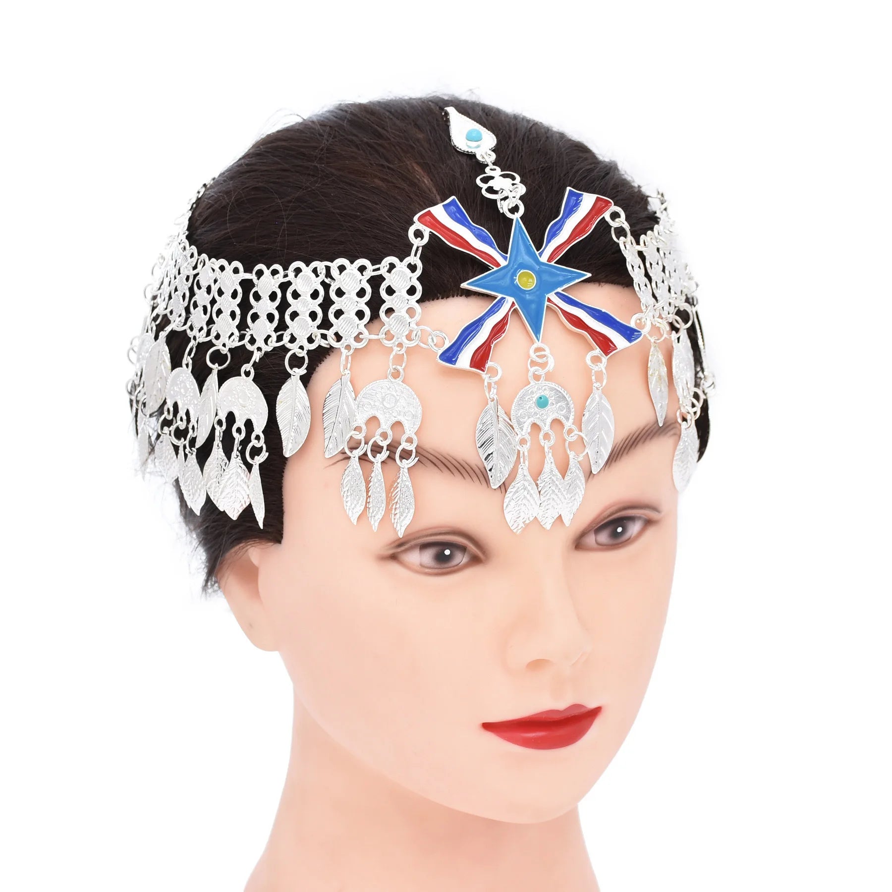 Assyrian Flag Maang Tikka Headband Silver Metal Leaves Tassels Hairband Ethnic Style Head Chain Headwear Accessories