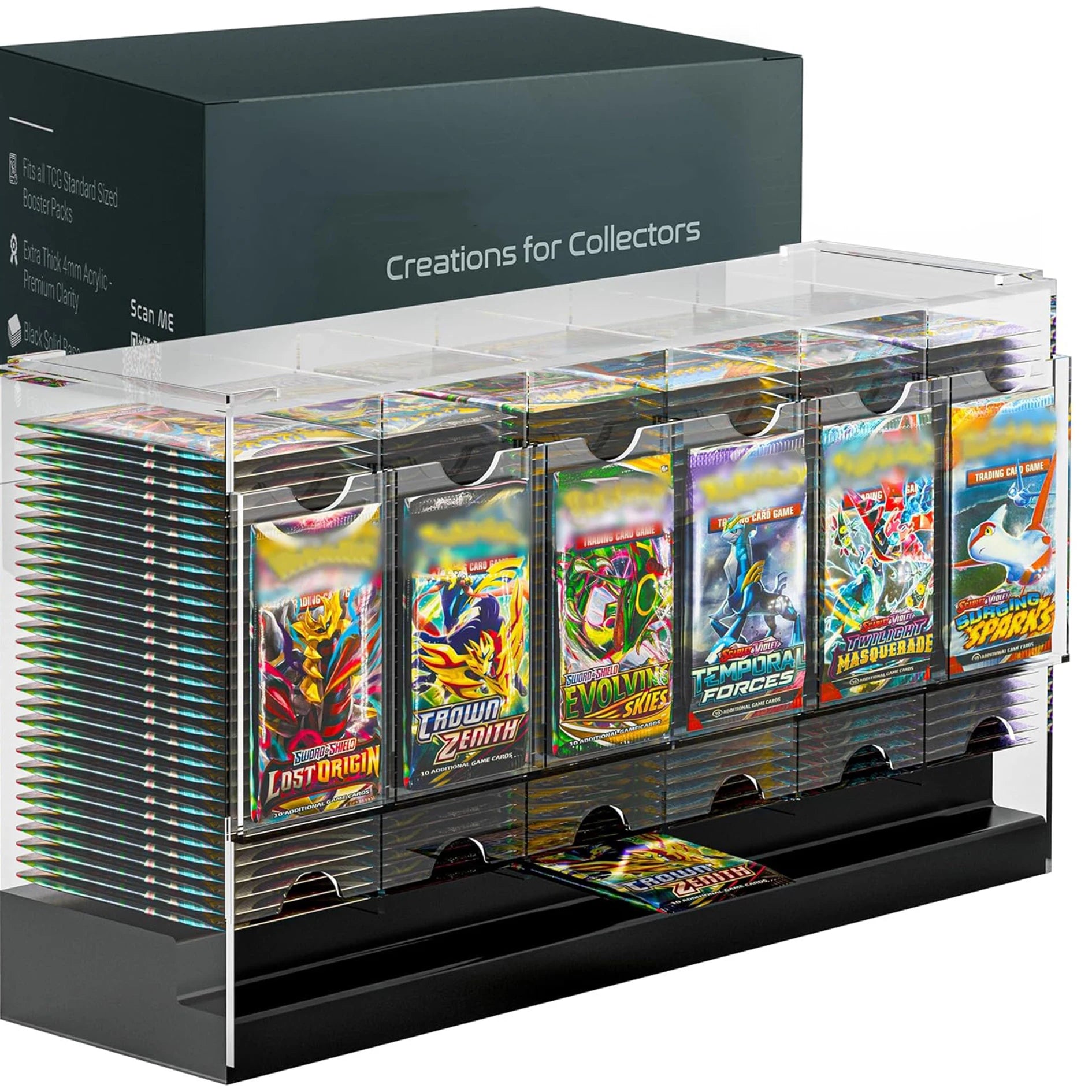 6-Slot Booster Pack Dispenser Black Base 240 Booster Packs Dispensing Compatible 4mm Acrylic Stackable Storage for TCG Trading