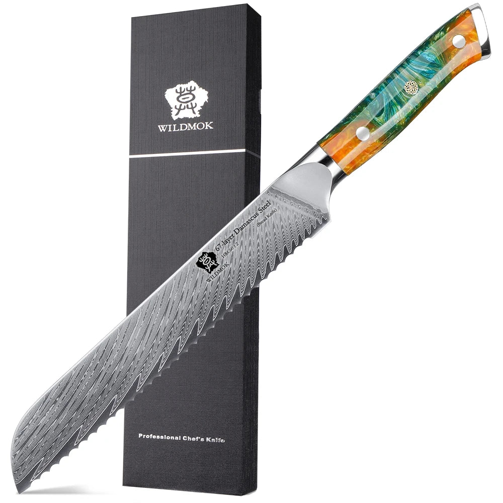 WILDMOK Damascus Serrated Steel Bread Knife 8 Inches Serrated Bread Knife Ergonomic Full Tang Resin Handle