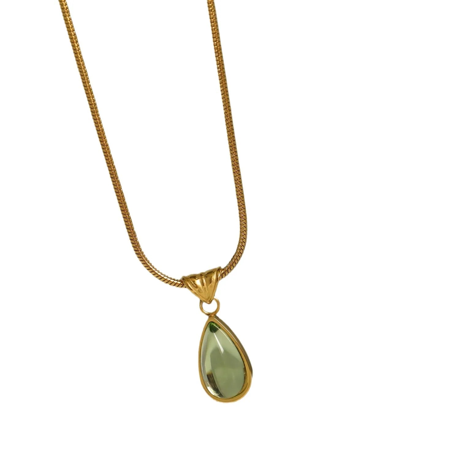 G2278 Wholesale Collier 18K Gold Plated Stainless Steel Glass Green Blue Waterdrop Emerald Pendant Necklace Jewelry for Women