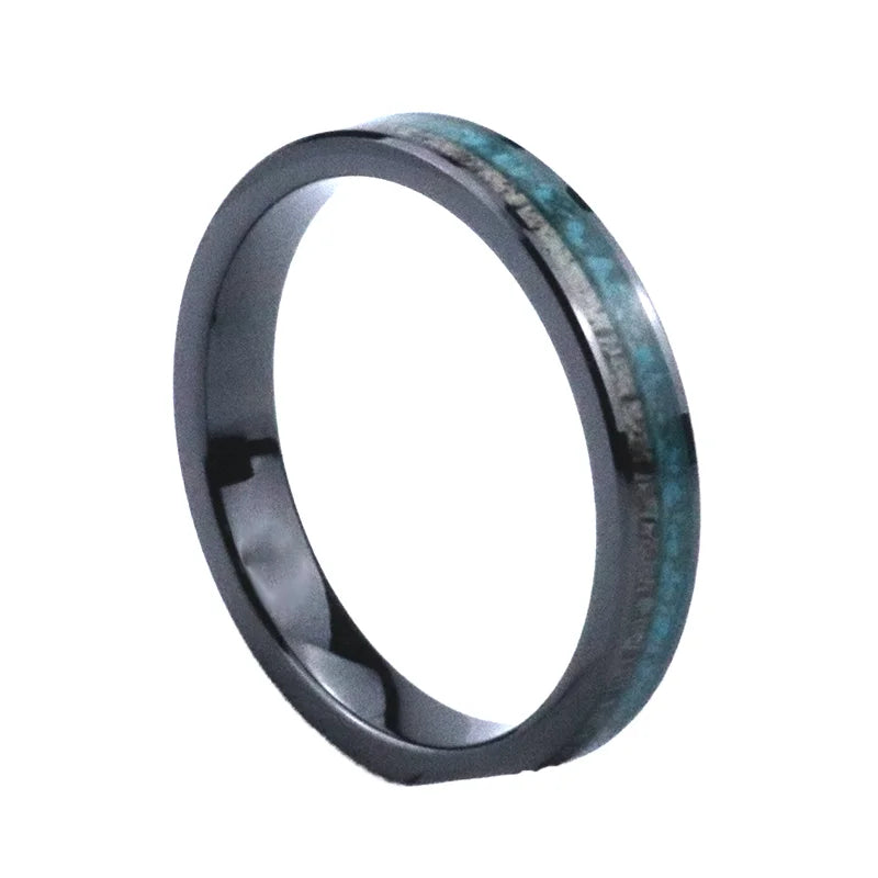 Poya 4mm Flat Edge Antler Crushed Turquoise Inlay Black Ceramic Ring