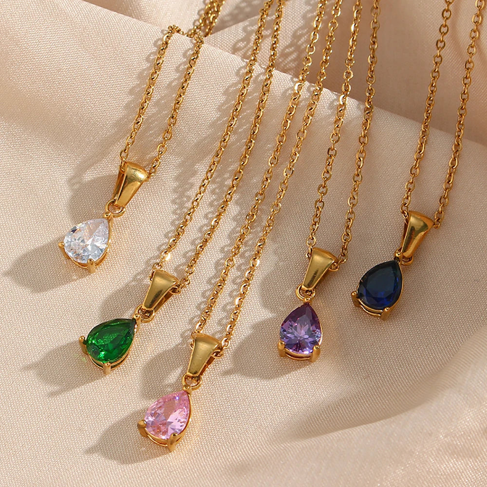 18K Gold Plated Classic Jewelry Stainless Steel Cubic Zirconia Birthstone Waterdrop Pendant Necklaces