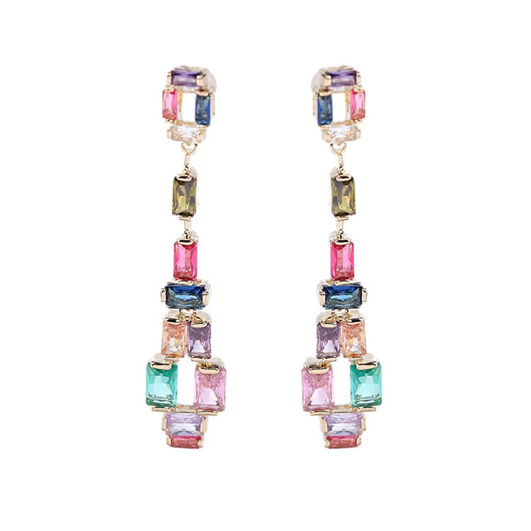 Wholesale Stunning Long Geometric Woman Trendy Jewelry Multi Color Unique Gemstone Stud Earrings
