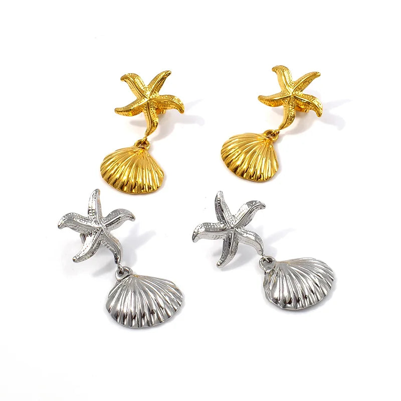 Wholesale Custom Stainless Steel Dangle Earrings Gold Plated Waterproof Starfish Shell Ocean Beach Accessories Fashion Jewelry
