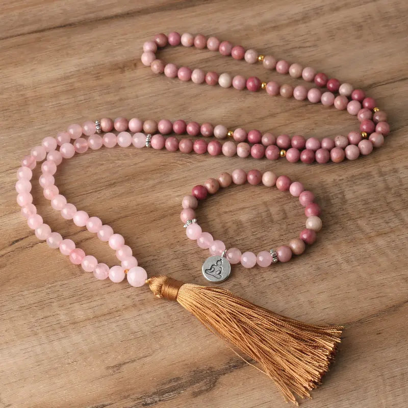 Religious Mala Necklaces for Women Yoga Healing Meditation Handmade Natural Stone Rose Quartz Rhodochrosite B Eaded Necklace