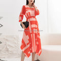 Women Lady Elegant Plus Size Dresses Autumn New Miyake Pleated  Fall 3/4 Sleeve Print Tie up Slim Irregular Swing Long Dress