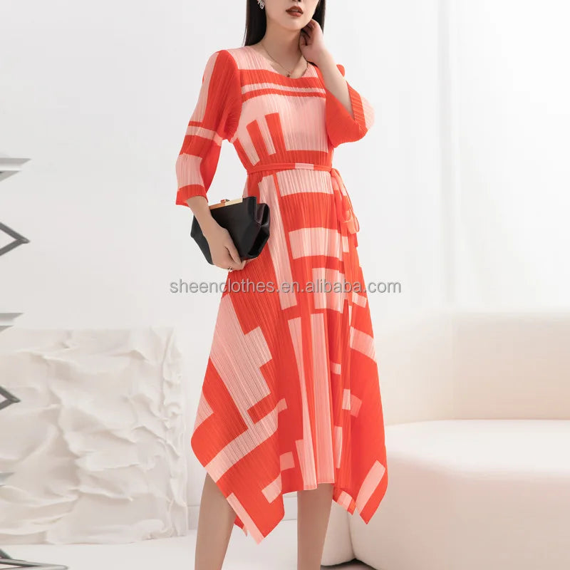 Women Lady Elegant Plus Size Dresses Autumn New Miyake Pleated  Fall 3/4 Sleeve Print Tie up Slim Irregular Swing Long Dress