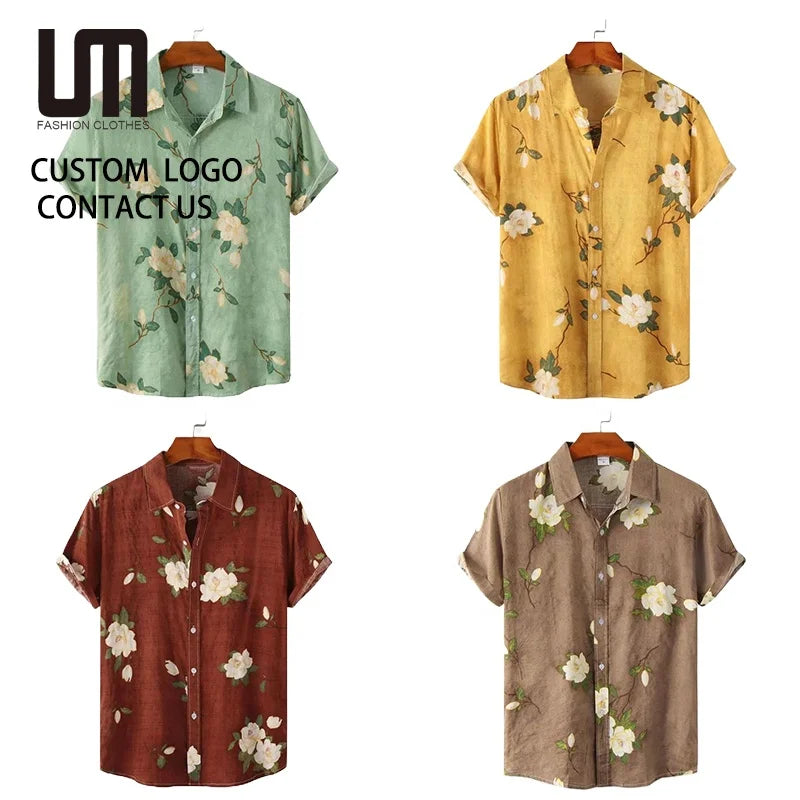 2025 Wholesale Men Casual Shirt - Floral Print Short Sleeve Top (Oversized Button Down Shirt with Lapel Collar Trendy for Men)