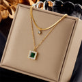 Fashion Tarnish Free 18k Gold Plated Stainless Steel Double Layer Square Emerald Zircon Pendant Necklace for Women