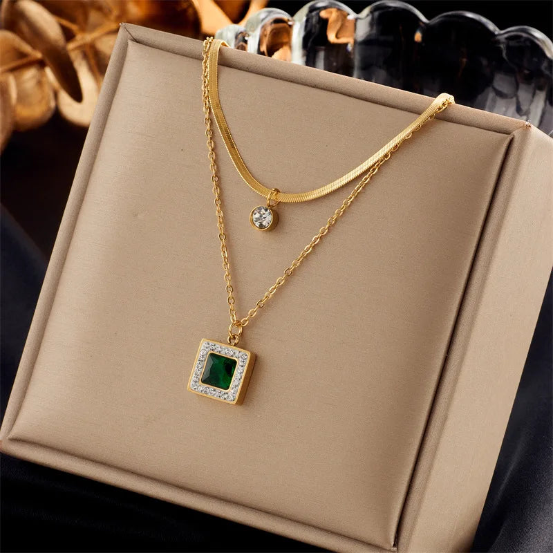 Fashion Tarnish Free 18k Gold Plated Stainless Steel Double Layer Square Emerald Zircon Pendant Necklace for Women