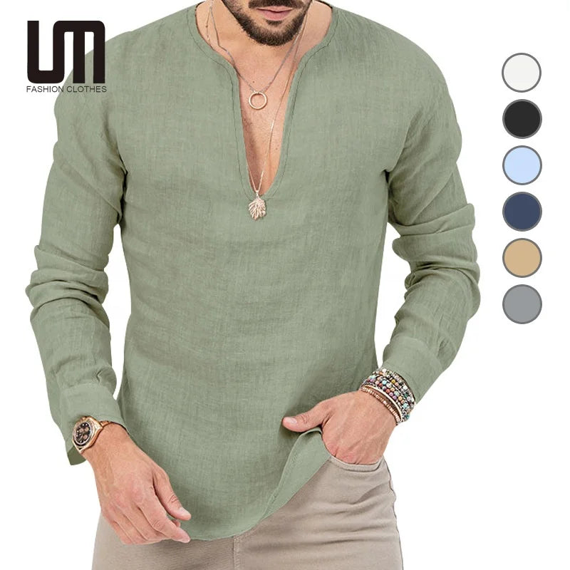 Clearance Sales Hot Selling Wholesale Fashion Casual Slim Brand V Neck Solid Color Long Sleeves T Shirt for Men