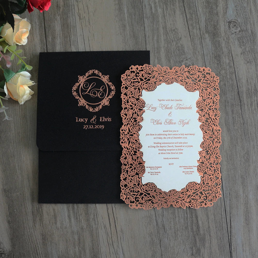 Wholesale Customized Laser- Cut Stationery Paper Invitations Rose Gold Foil Stamped Logo Luxury Style Wedding Invitation Card