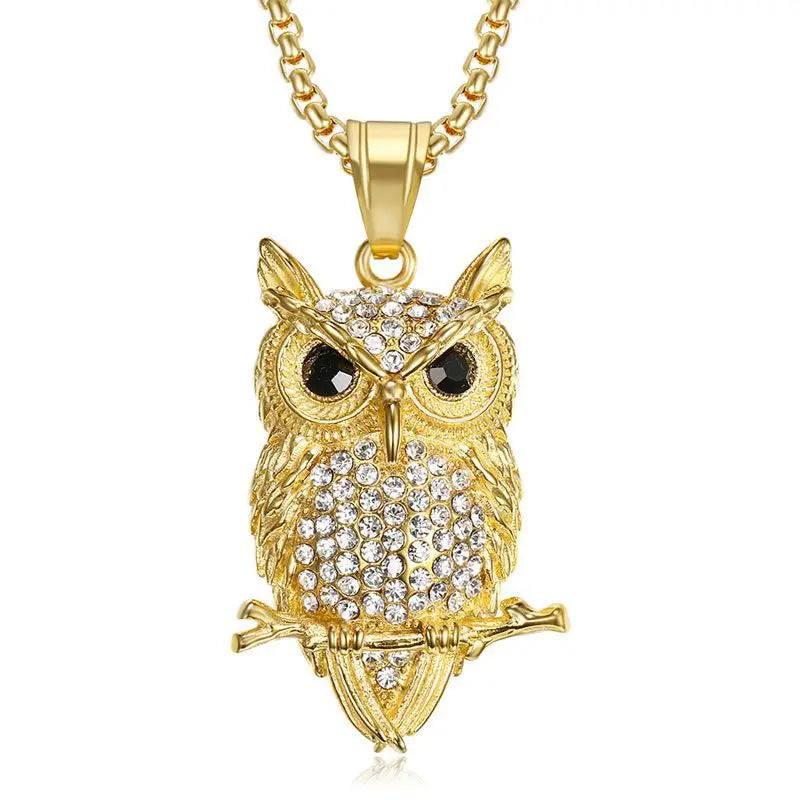 18K Gold Plated Stainless Steel Owl Pendant with Diamond Fine Jewelry Necklace Accessories for Wedding Engagement Hip Hop Style