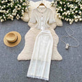 Mesh Lace Short Sleeve Shirt High Waist Slim A-Line Long Dress 2 Piece Set